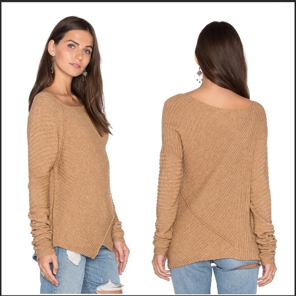 Free People Love & Harmony Wool Blend Asymmetric Hem Sweater Tan size S - Picture 3 of 13